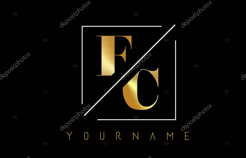 EC Golden Letter Logo with Cutted and Intersected Design and Square Frame Vector Illustration