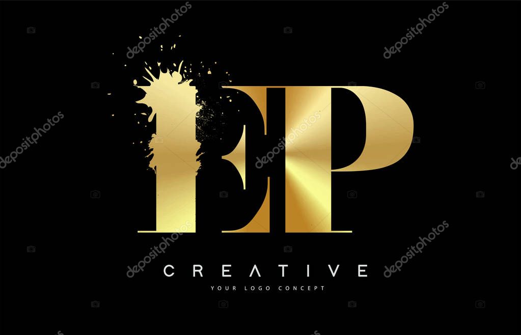EP E P Letter Logo with Gold Melted Metal Splash Vector Design Illustration.