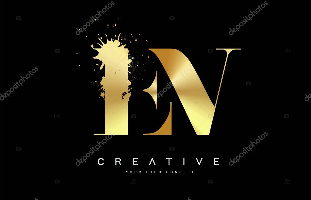EV E V Letter Logo with Gold Melted Metal Splash Vector Design Illustration.