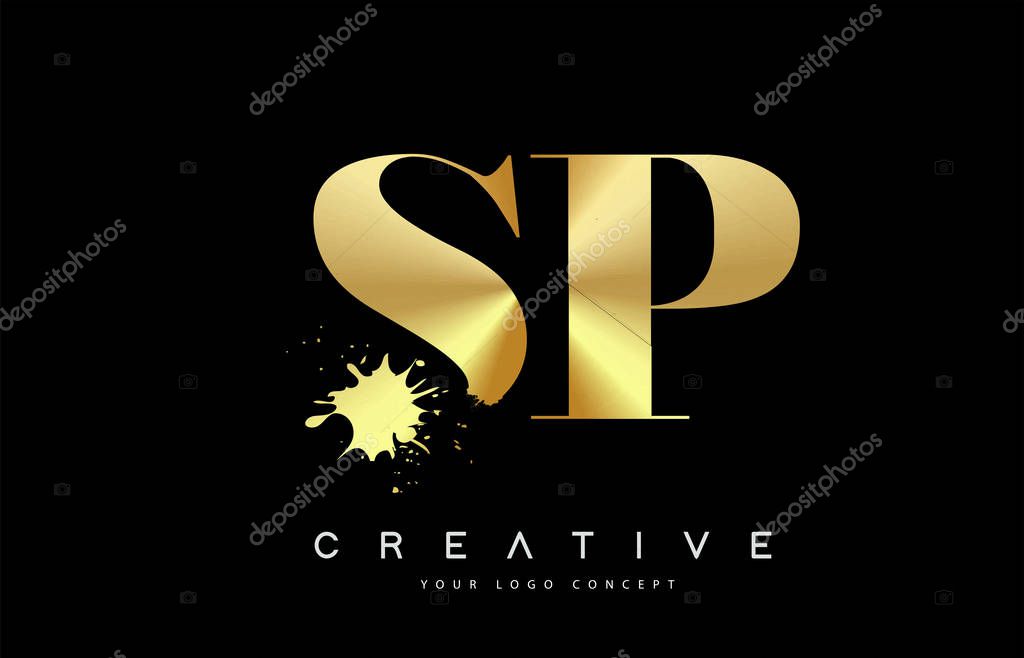 SP S P Letter Logo with Gold Melted Metal Splash Vector Design Illustration.