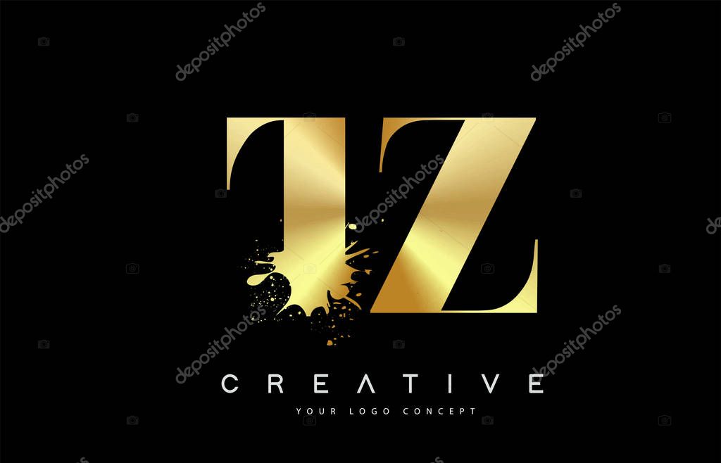 TZ T Z Letter Logo with Gold Melted Metal Splash Vector Design Illustration.
