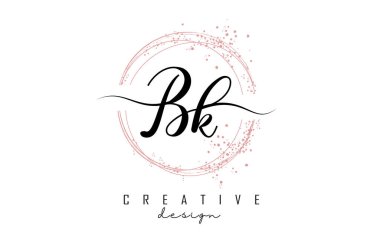 Pembe pırıltılı parlak daireler çizen el yazısı bir B K harfi logosu. B ve k harfli dekoratif vektör çizimi.