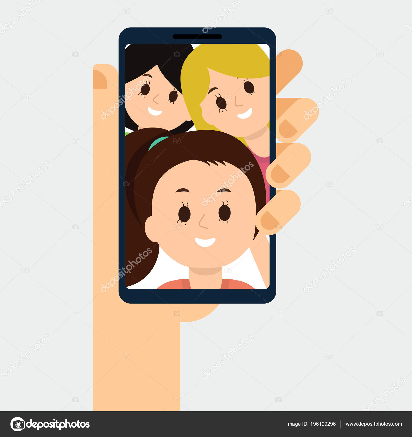 Flat illustration of video call with friends, family. Smartphone in the  hand Stock Vector Image by ©plahotya #196199296