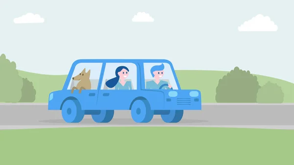 Glückliche Familie, die zusammen mit dem Auto unterwegs ist. Vektorillustration. — Stockvektor