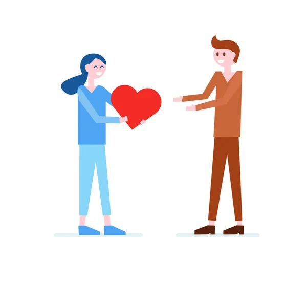 Girl giving red heart to boy. Love, romantic flat vector — Stock Vector