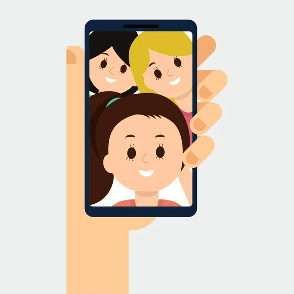 Ilustração plana de videochamada com amigos, família. Smartphone na mão — Vetor de Stock