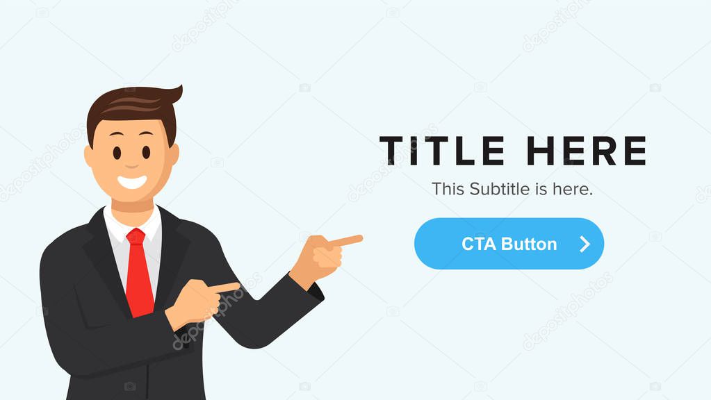 Vector site banner template with a man pointing at the button. Landing, home page of website or banner vector template.