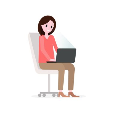Ekrana bakarak bir ofis koltuğu, laptop ile çalışan kız. Vektör düz çizim.