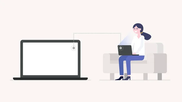 Chica trabajando o tachonado con el ordenador portátil, sentado en el sofá, pantalla del ordenador portátil. Ilustración plana del vector . — Vector de stock