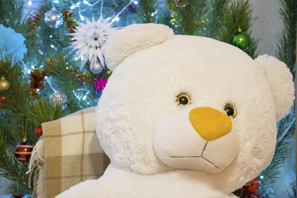 Милый плюшевый мишка крупным планом на блестящем фоне рождественской елки. Рождественский или новогодний подарок — стоковое фото