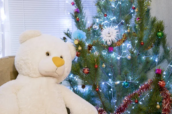 Подарок на Рождество и Новый год. Огромный плюшевый мишка сидит у украшенной сосны — стоковое фото