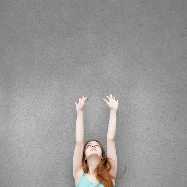 Red hair charming girl with hands up — Stock Photo, Image
