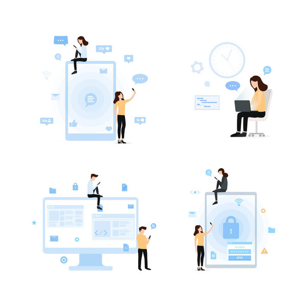 Cartoon people using internet on modern gadgets set