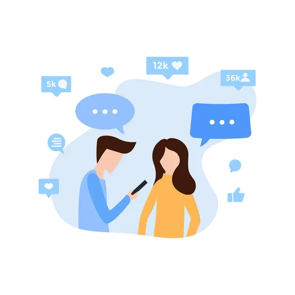 Young man and woman communicate via internet app poster — Stock Vector