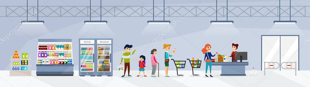 People going shopping in supermarket flat illustration