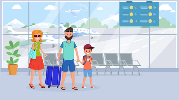Familie in luchthaven terminal platte illustratie — Stockvector