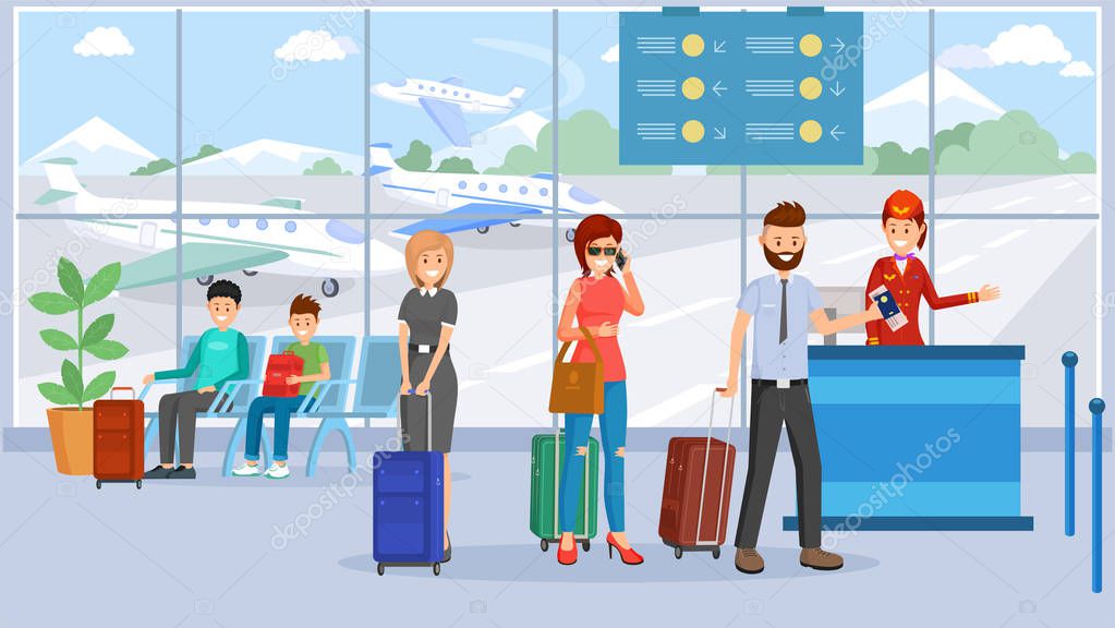 Passengers in airport terminal vector illustration