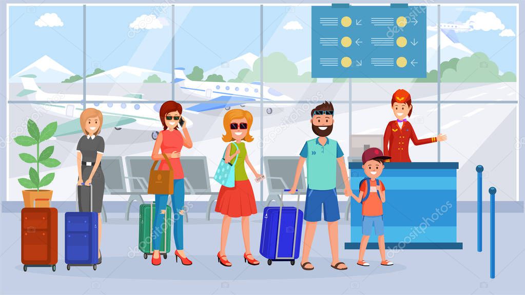 Passengers in airport terminal queue illustration