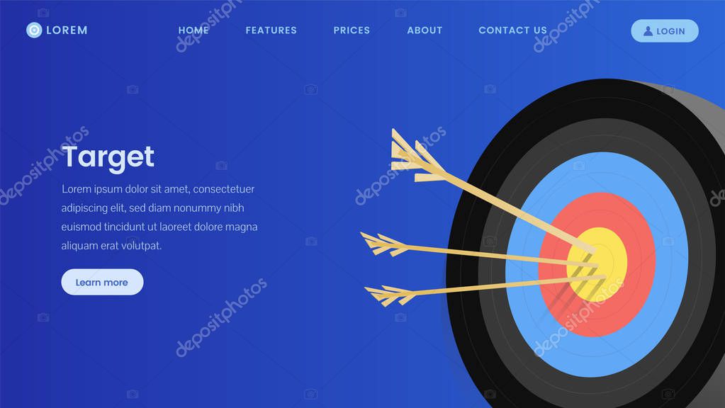 Marketing service landing page vector template. Target advertising, lead generation, ads settings website mockup. Web page with dartboard, arrows flat illustrations, text space, site menu, navigation