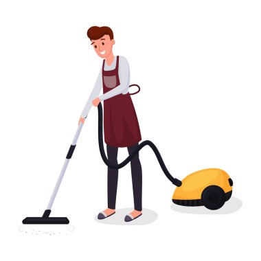 Elektrik süpürgesi düz karakter kullanan adam. Koca temizlik halı, ev işleri, ev işleri, günlük rutin vektör illüstrasyon yapıyor. Modern ev aletleri izole