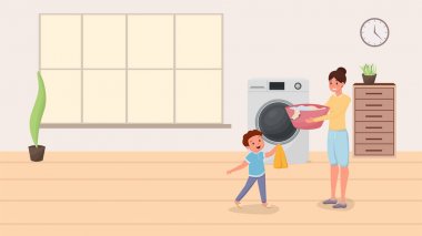 Anne ve oğlu çamaşır illüstrasyon yapıyor. Mutlu çocuk, ev işlerini yapan anneye yardım ediyor, ev işlerini yapıyor. Modern çamaşır makinesinde çocuk yükleme li ebeveyn birlikte düz vektör