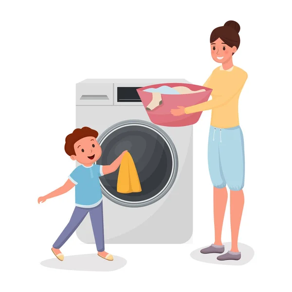 Mãe com filho fazendo personagens de lavanderia. Criança ajudando a mãe fazendo tarefas domésticas ilustração isolada. Pais com criança carregando roupas na máquina de lavar roupa moderna juntos vetor plano — Vetor de Stock