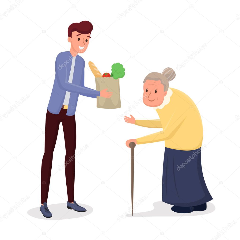 Helping elderly people flat vector illustration
