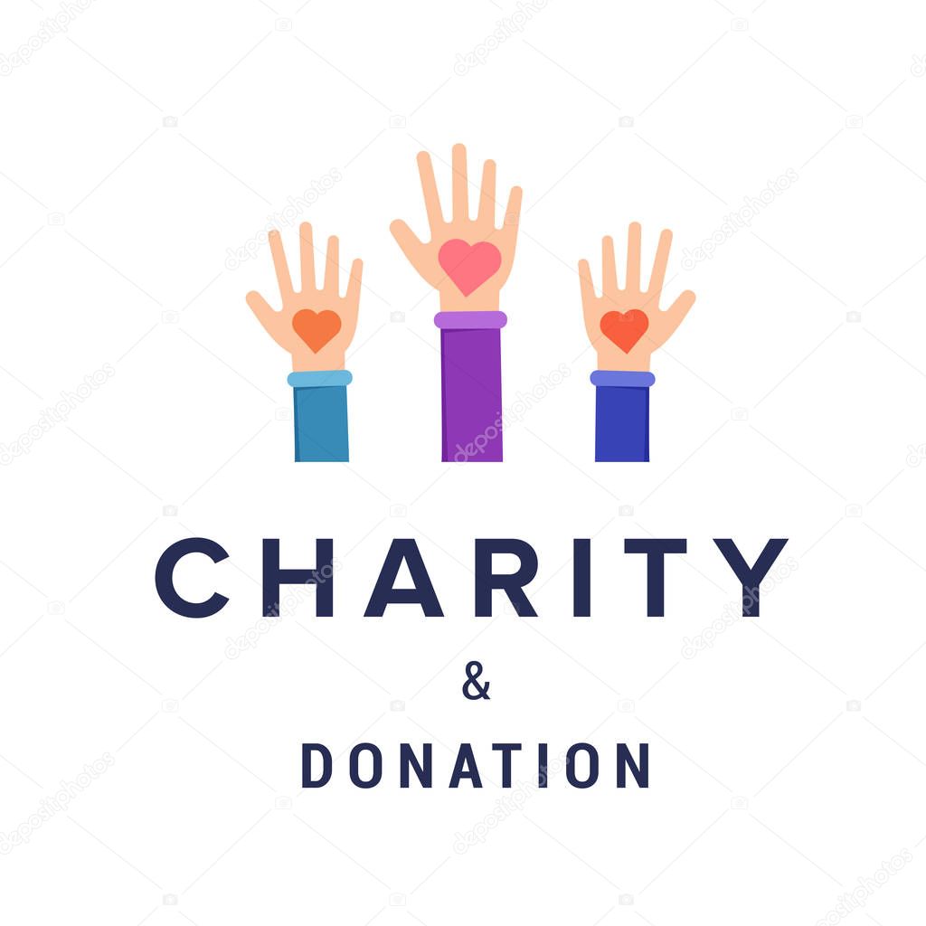 Charity and donation vector banner template. Charitable organization typography, fundraiser, non profit foundation logo, poster design element. Cartoon palms holding hearts, helping hand symbol