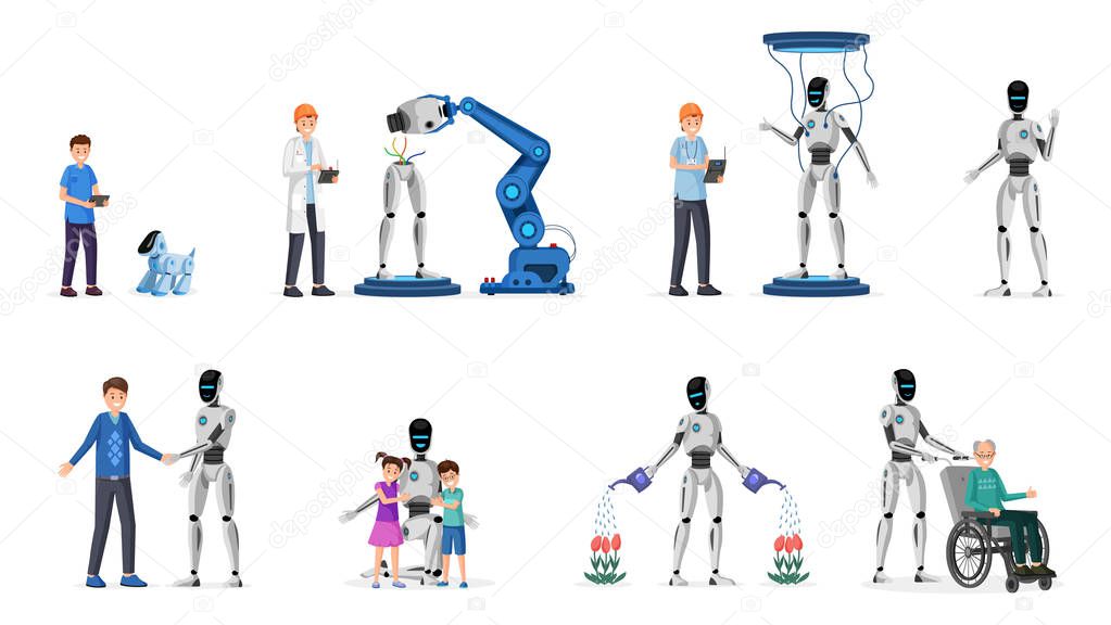 Robotic technology flat vector illustrations set. Cyborgs, adults and children characters. Futuristic technology in everyday life, kid plays with artificial dog, droid gardener, babysitter