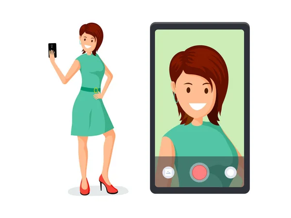 Mujer joven tomando ilustración vector selfie — Vector de stock