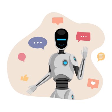 İnsansı robot, chatbot vektör illüstrasyon. Yapay zeka, dost cyborg el çizgi film karakteri sallayarak. Gülümseyen sohbet botsosyal medya simgeleri, konuşma kabarcıkları ve seviyor ile çevrili
