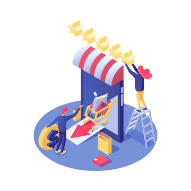 Online mağaza derecelendirme vektörü izometrik illüstrasyon. Tente ve sıralama yıldız ile Smartphone, alıcı Internet mağaza izole clipart mal sipariş. Alıcı ve satıcı, mağaza asistanı 3d karakterler