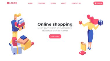 Çevrimiçi alışveriş isometrik açılış sayfası şablonu. Müşteri ürünleri satın alma, kadın satıcı, mağaza asistanı sunan mal 3d karakter. Tüketicilik, Internet mağaza mal satın alma web afiş düzeni
