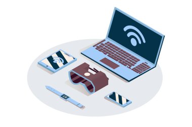 Iot, taşınabilir elektronik vektör izometrik illüstrasyon. Nesnelerin interneti, bulut bilgi işlem hizmeti, wifi'ye bağlı senkronize araçlar. Dizüstü bilgisayar, tablet, akıllı telefon ve Vr kulaklık 3d
