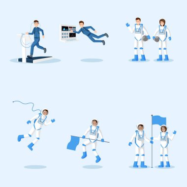 Uzay giysili astronotlar düz illüstrasyonlar ayarlayın. Erkek ve kadın kozmonotlar eğitim, uzay misyonu izole cliparts paketi. Sıfır yerçekimi vektör karakterleri yüzen evren kaşifleri