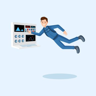 Astronot eğitimi düz vektör illüstrasyon. Kozmonot spaceship kontrol paneli çizgi film karakteri düğmeye basarak. Uzay adamı sıfır yerçekimi, dış uzay misyonu izole yüzen