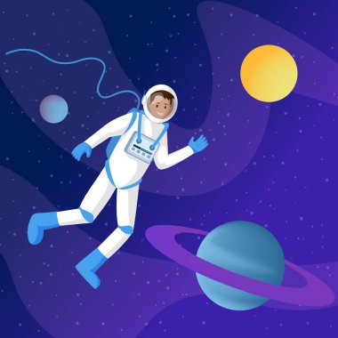 Uzay illüstrasyonundaki erkek astronot. Yıldızlararası gezgin, uzay giysisi kozmonot kozmonot olarak kozmos çizgi film vektör karakteri yüzen. Satürn güneş sistemi gezegeni, kozmik gökyüzünde güneş