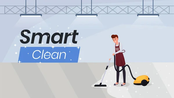 Cleaning services flat web banner template. Man hoovering carpet, using modern vacuum cleaner. Household appliances store advertising poster with smart clean typography — Stock Vector