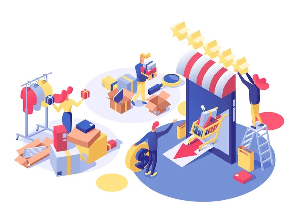 E-Commerce a Shopping vektorová izometrická ilustrace. Pomocník dílny, který provádí zásoby, otevírá obchod a kupuje výrobky pro prodej 3D znaků. Spotřební, obchodní a maloobchodní podniky — Stockový vektor