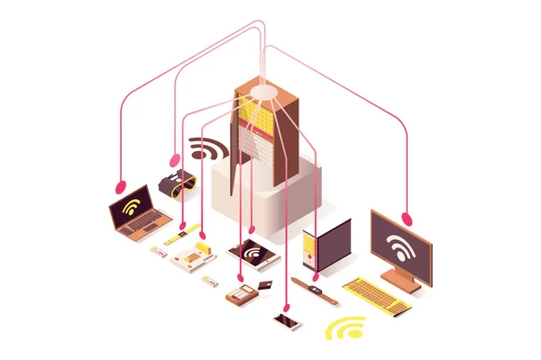 Ilustración isométrica del vector del servidor de Internet. Equipo de hardware informático, Internet de las cosas, sistema en la nube, dispositivos portátiles. Wifi tecnología inalámbrica, almacenamiento de base de datos aislado 3d — Archivo Imágenes Vectoriales