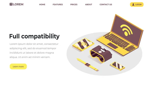 Internet der Dinge Landing Page Template. Volle Kompatibilität, responsives Design, Cloud-Computing-Service, Wifi-Drahtlosverbindung, Vernetzung Web-Banner. iot, moderne tragbare Geräte 3d — Stockvektor