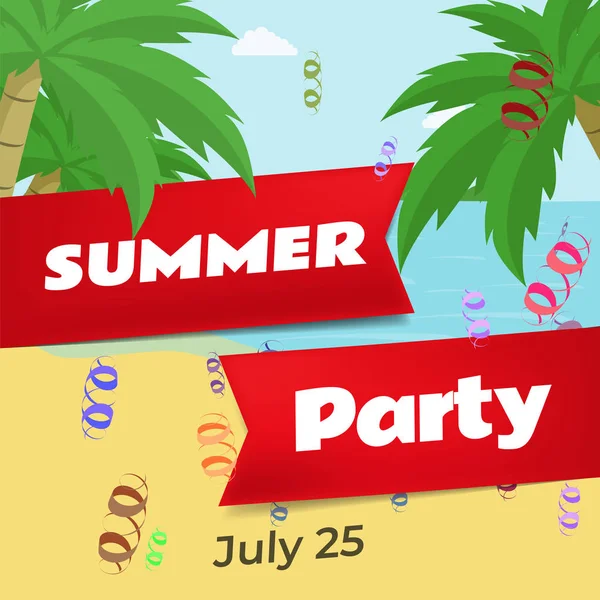 Summer Party platt vektor banner mall. Sommar firande, Beach Club Festival inbjudan layout. Stiliserade röda band med text på blått hav, sand, exotiska palmer, Serpentine — Stock vektor
