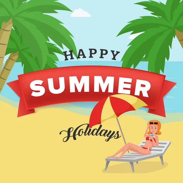 Mutlu yaz tatilleri vektör posteri. Zarif kız, plaj şemsiyesi ile şezlongüzerinde kokteyl içme tatilci. Seaside resort promosyon, sosyal medya sonrası için seyahat acentesi reklam — Stok Vektör