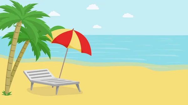 トロピカルアイランドリラックスベクトルイラスト。エキゾチックなヤシの木、ビーチの傘とデッキチェアと海景。海辺のリゾートレクリエーション、ビーチでの夏のレジャー、海岸、地球上の楽園 — ストックベクタ