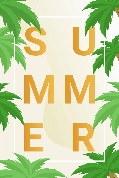 Summer poster flat vector poster. Trendy capital letters inscription in frame for hot season recreation, relax. Decorative palm tree leaves for beach vacation, holiday banner design layout