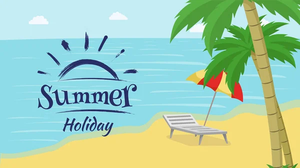 Yaz rekreasyon düz vektör afiş. Mavi fırça darbesi güneş sembolü, logo ile Sahil beldesi promo. Yaz tatili, palmiye ağaçları ile plajda dinlenmek, seyahat acentesi reklam poster düzeni — Stok Vektör