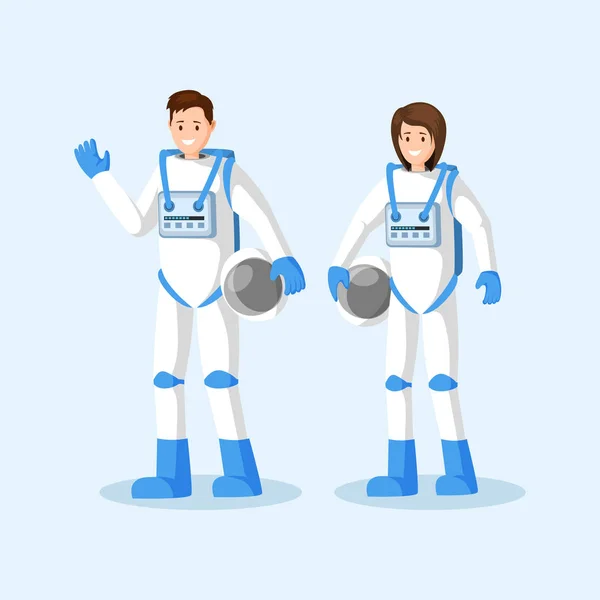 Kosmonauci w kombinezony kosmiki płaskiej ilustracji wektorowej. Mężczyzna i kobieta astronauci stojący, machając ręką i trzymając kaski postaci z kreskówek. Kosmiczna misja, eksploracja wszechświata na białym tle — Wektor stockowy