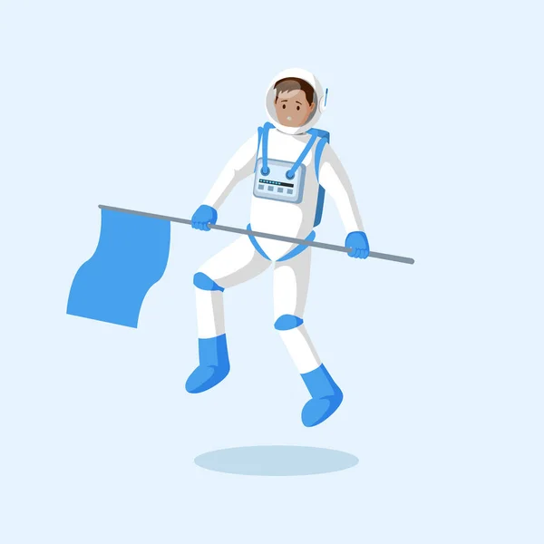 Astronaut mit Flagge, die flach schwebt. männlicher Kosmonaut, Entdecker, Reisender, der in der Schwerelosigkeit fliegt und mit winkender Hand Cartoon-Vektor-Figur spielt. Raumfahrt, außerirdischer Planet, Mondlandung — Stockvektor