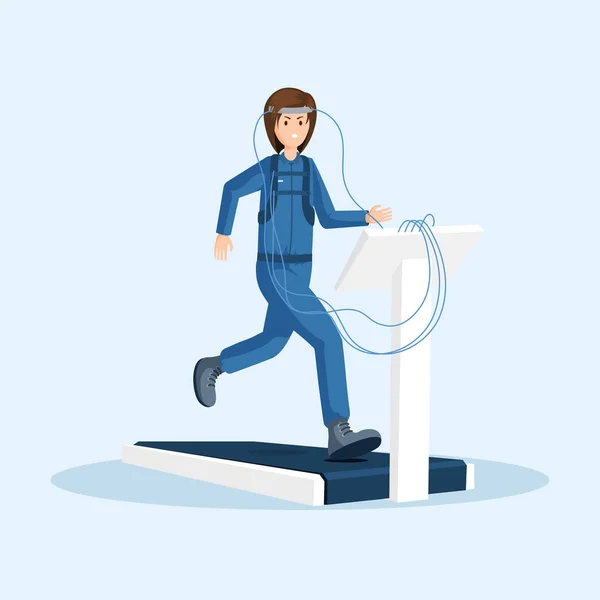 Astronaut physical training flat vector illustration. Female cosmonaut testing, workout, running on treadmill exercise machine cartoon character. Space mission preparing isolated — Stock Vector