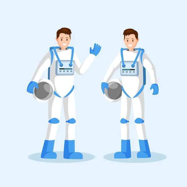 Mannelijke kosmonauten platte vector illustratie. Glimlachend astronauten team, twee mannen in spacesuits zwaaiende hand en het houden van helmen cartoon karakters. Ruimtemissie, universum exploratie geïsoleerd — Stockvector